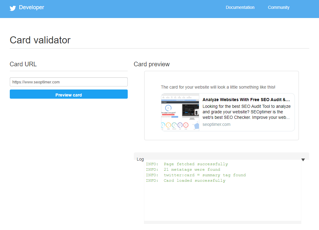 Twitter Card Validator tool